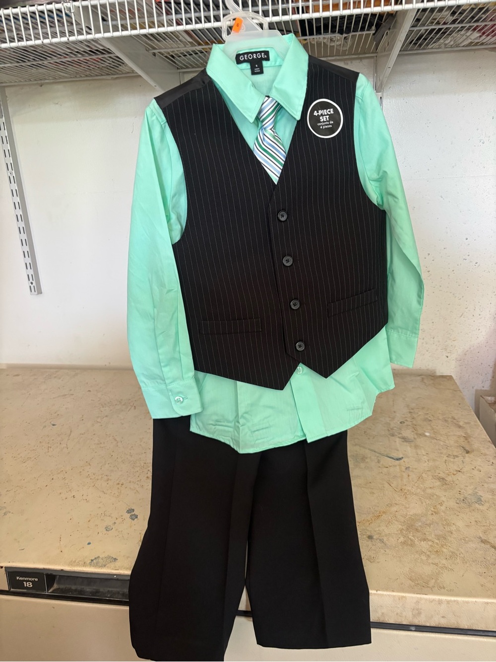 George Mint Green Dress Shirt with Black Pinstripe Vest & Striped Tie